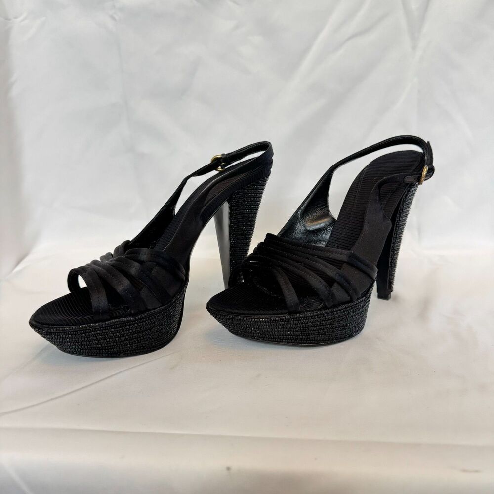 Sergio Rossi Women's Black Beaded Platform Slingback Heels Size 39.5 US 9.5